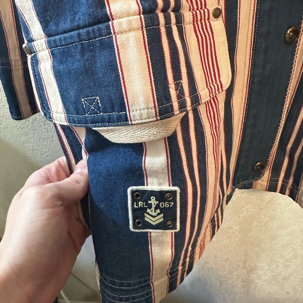NWOT Vintage Men’s Lauren Ralph Lauren Blue, Red, and White Striped Shirt Jacket - Picture 3 of 6